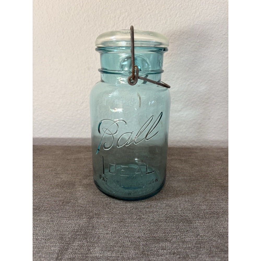 Ball Ideal July 14 1908 Aqua Blue Mason Jar #4 with Clear Glass Lid